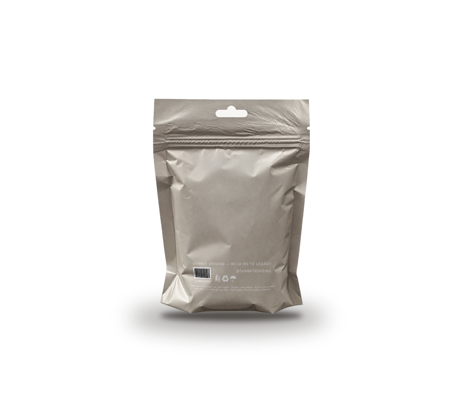 Reverso de la bolsa de Chalk 01 con el código de barras y las indicaciones de uso