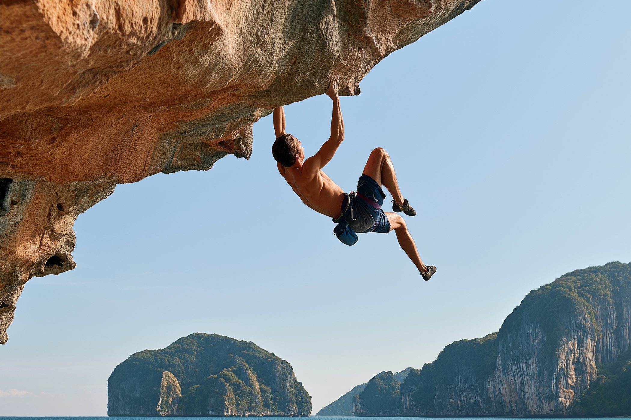 Escalador en un techo de roca sobre el mar